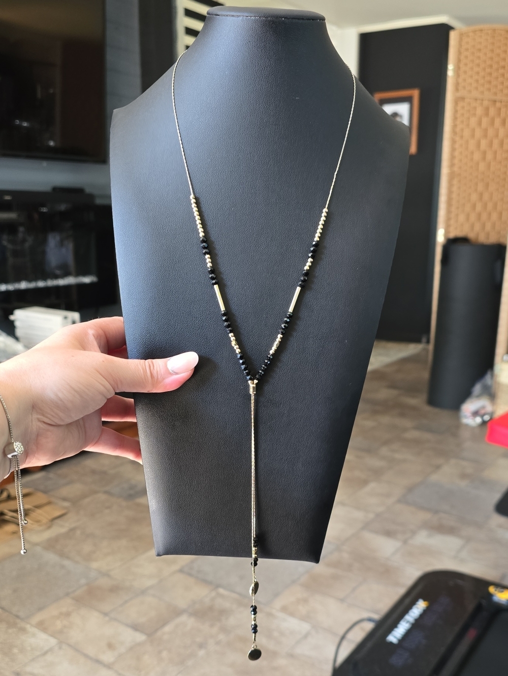 Boho Delicate Black & Gold Tone Drop Lariat Necklace